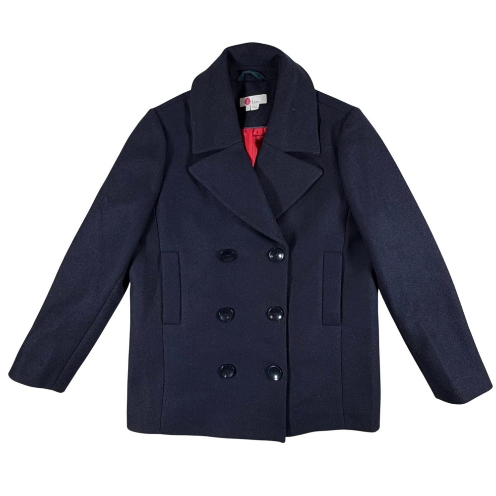 Boden Womens Size 12 Navy Blue Wool Blend Double Breasted Pea Coat Red Lining